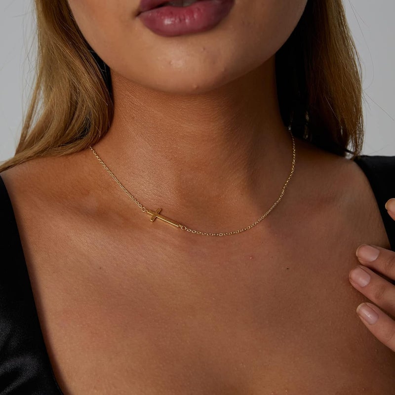 VIROMY Gold Cross Necklace for Women 14K Gold Plated Cute Sidways Cross Pendant Choker Necklaces Simple Trendy Everyday Jewelry for Women - Image 4